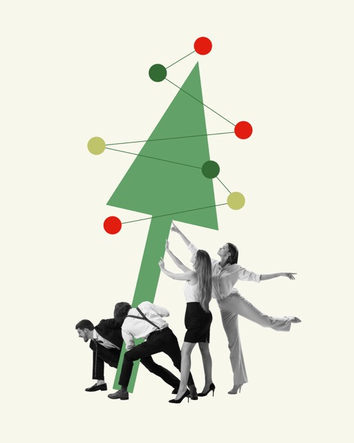 Auf dem Bild justiert ein Team einen „Comic-Weihnachtsbaum“, was symbolisch das Thema „Weihnachtsessen und Weihnachtsfeier“ aufzeigen soll.